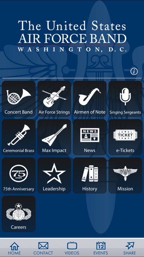 The U.S. Air Force Band is proud to announce the release
of a brand new app available for download on iOS and Android devices. The
U.S. Air Force has a proud history of innovation and the Band is no
different. It continues to develop tools such as this new app to honor
veterans, inspire American citizens and impact people all across the
globe. (U.S. Air Force photo/Chief Master Sgt. Bob Kamholz)