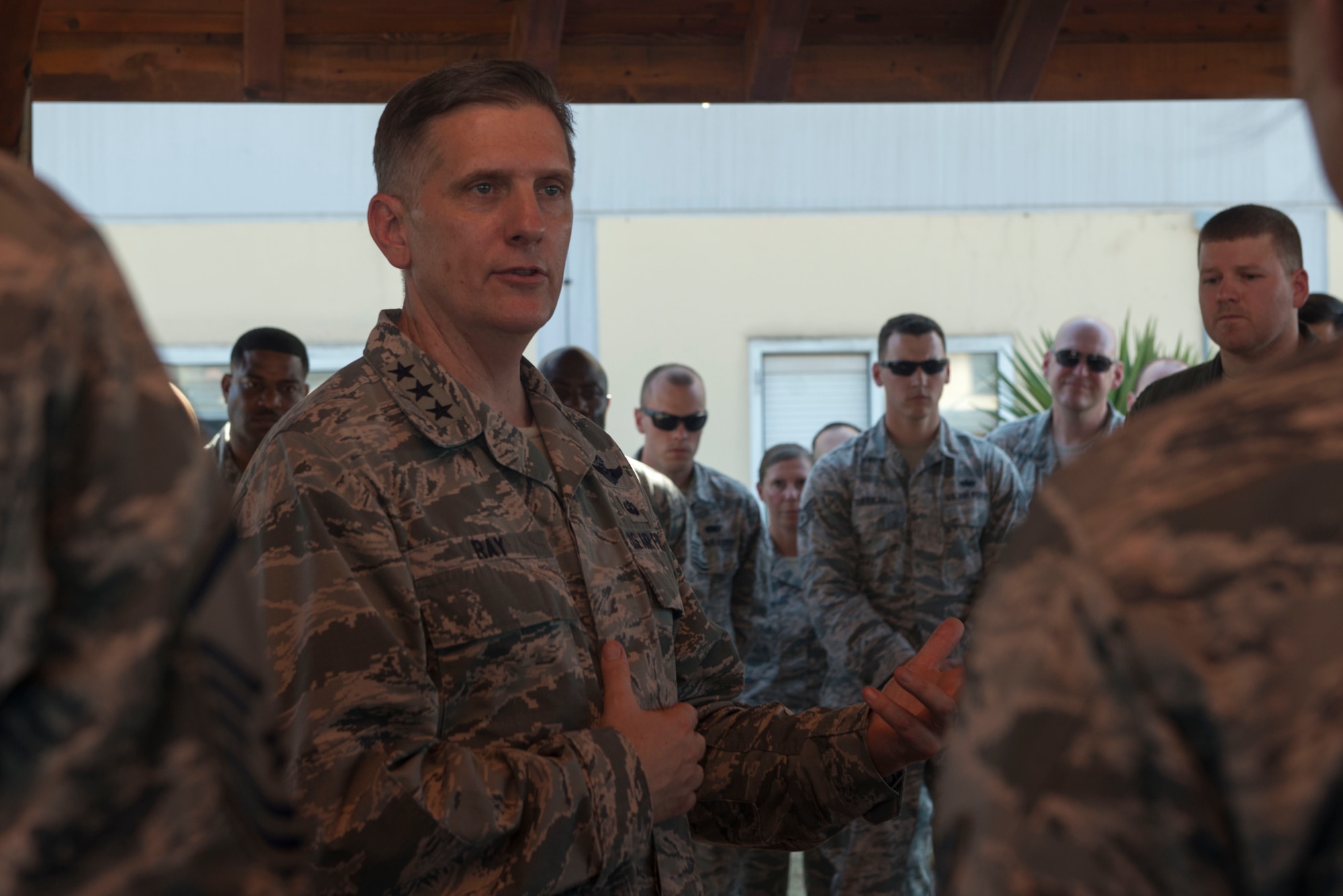 U.S. Air Force Lt. Gen. Timothy Ray, 3rd Air Force commander, speaks to 39th Air Base Wing Airmen July 25, 2016, at Incirlik Air Base, Turkey. Ray praised Airmen for their recent accomplishments. (U.S. Air Force photo by Senior Airman John Nieves Camacho)