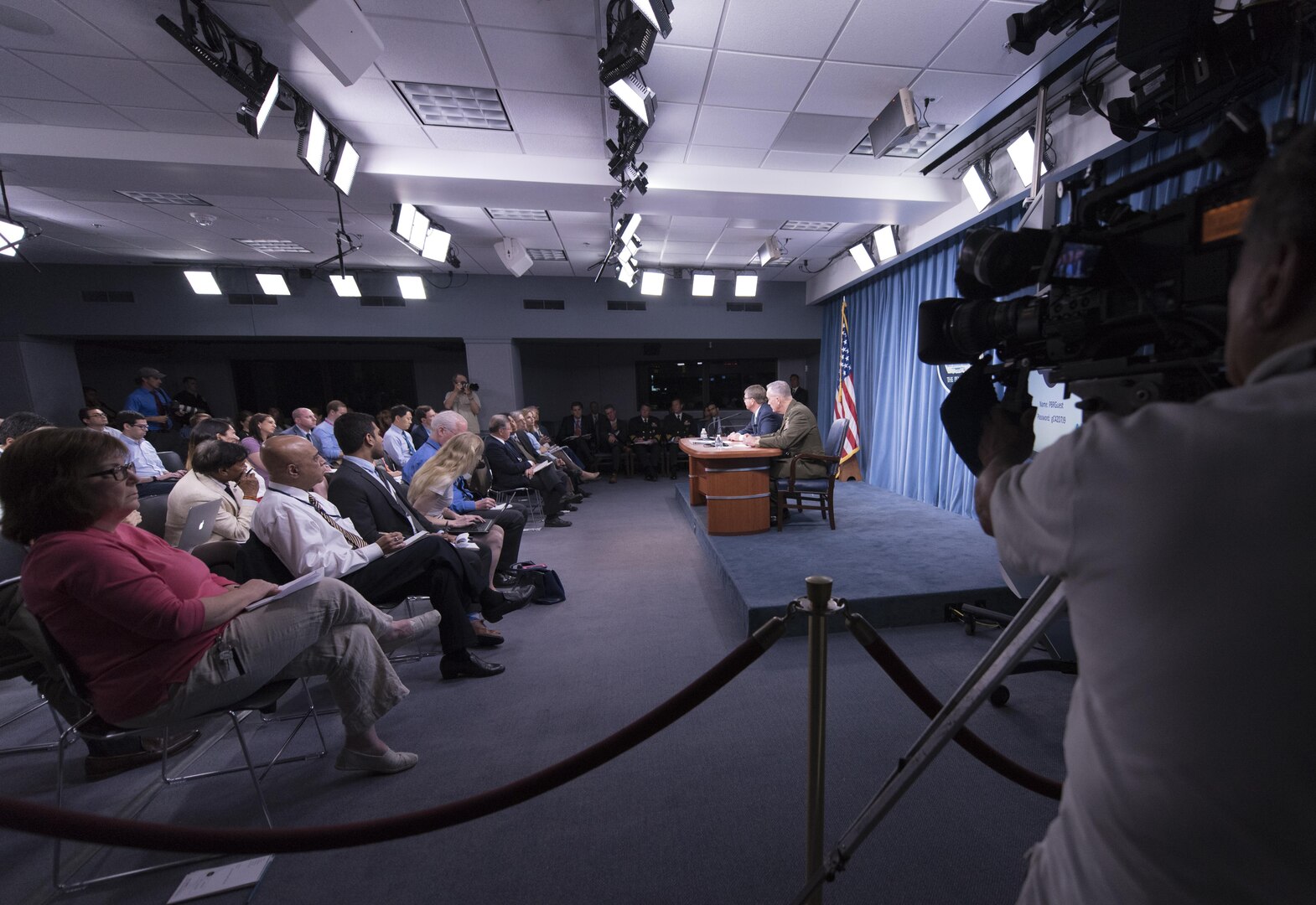 Secretary of Defense Ash Carter and U.S. Marine Gen. Joseph F. Dunford Jr., chairman of the Joint Chiefs of Staff, hold a press conference at the Pentagon, July 25, 2016. During the press conference Carter and Dunford discussed the DoD Photo by Navy Petty Officer 2nd Class Dominique A. Pineiro