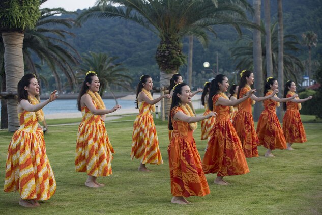 Hula dancers perform for the residents of Marine Corps Air Station Iwakuni and Oshima Islanders during the U.S. – Japan Luau Party on Oshima Island, Japan, July 23, 2016. Marines were able to experience a new part of Japan while celebrating the island’s history and friendship with U.S. (U.S. Marine Corps photo by Cpl. Nathan Wicks)