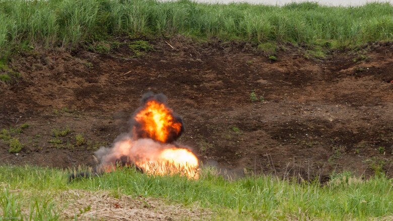 An M18A1 Claymore Mine detonates claymore training at exercise Eagle Wrath 2016 at Combined Arms Training Center Camp Fuji, July 20, 2016. The squadron plans to complete their unit annual training requirements throughout three stages, which focus on air base ground defense and Marine Corps common skills that Marines are unable to train for locally. Combat engineers within the squadron also conducted training for Military Operations in Urban Terrain, which focuses on improving the individual and collective combat skills of the Marines. 
