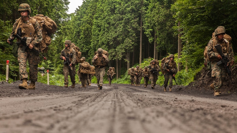U.S. Marines with Fuels platoon and Headquarters and Service Company, Marine Wing Support Squadron 171 stationed at Marine Corps Air Station Iwakuni, Japan, conduct a patrol as part of their company level training during exercise Eagle Wrath 2016 at Combined Arms Training Center Camp Fuji, July 21, 2016. During this training, the company commanders have the opportunity to train their personnel and prepare for the final culminating event where Marines will construct and defend a landing zone and refueling point. 