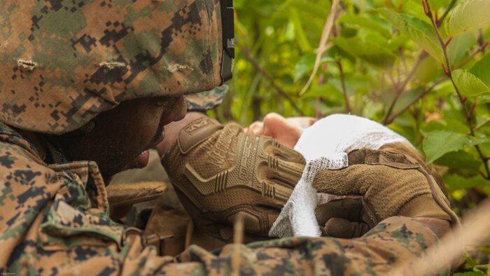 U.S. Navy Petty Officer 3rd Class Daniel Tisby, a corpsman with the Robert M. Casey Medical and Dental Clinic at Marine Corps Air Station Iwakuni, Japan, treats a simulated victim during exercise Eagle Wrath 2016 at Combined Arms Training Center Camp Fuji, July 21, 2016. Marine Wing Support Squadron 171 conducts this exercise once a year in order to train all the Marines within the squadron, enhance their technical skills, field experience and military occupational specialty capability. 