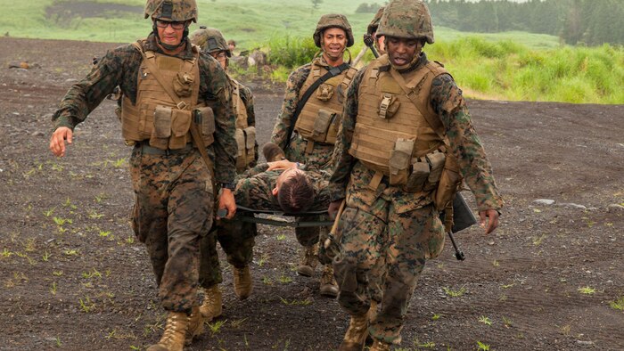 U.S. Marines with Fuels platoon and Headquarters and Service Company, Marine Wing Support Squadron 171 stationed at Marine Corps Air Station Iwakuni, Japan, carry a simulated casualty to an evacuation point while conducting company level training during exercise Eagle Wrath 2016 at Combined Arms Training Center Camp Fuji, July 21, 2016.  MWSS-171 conducts this exercise once a year in order to train all the Marines within the squadron, enhance their technical skills, field experience and military occupational specialty capability. During this training, the company commanders have the opportunity to train their personnel and prepare for the final culminating event where Marines will construct and defend a landing zone and refueling point.
