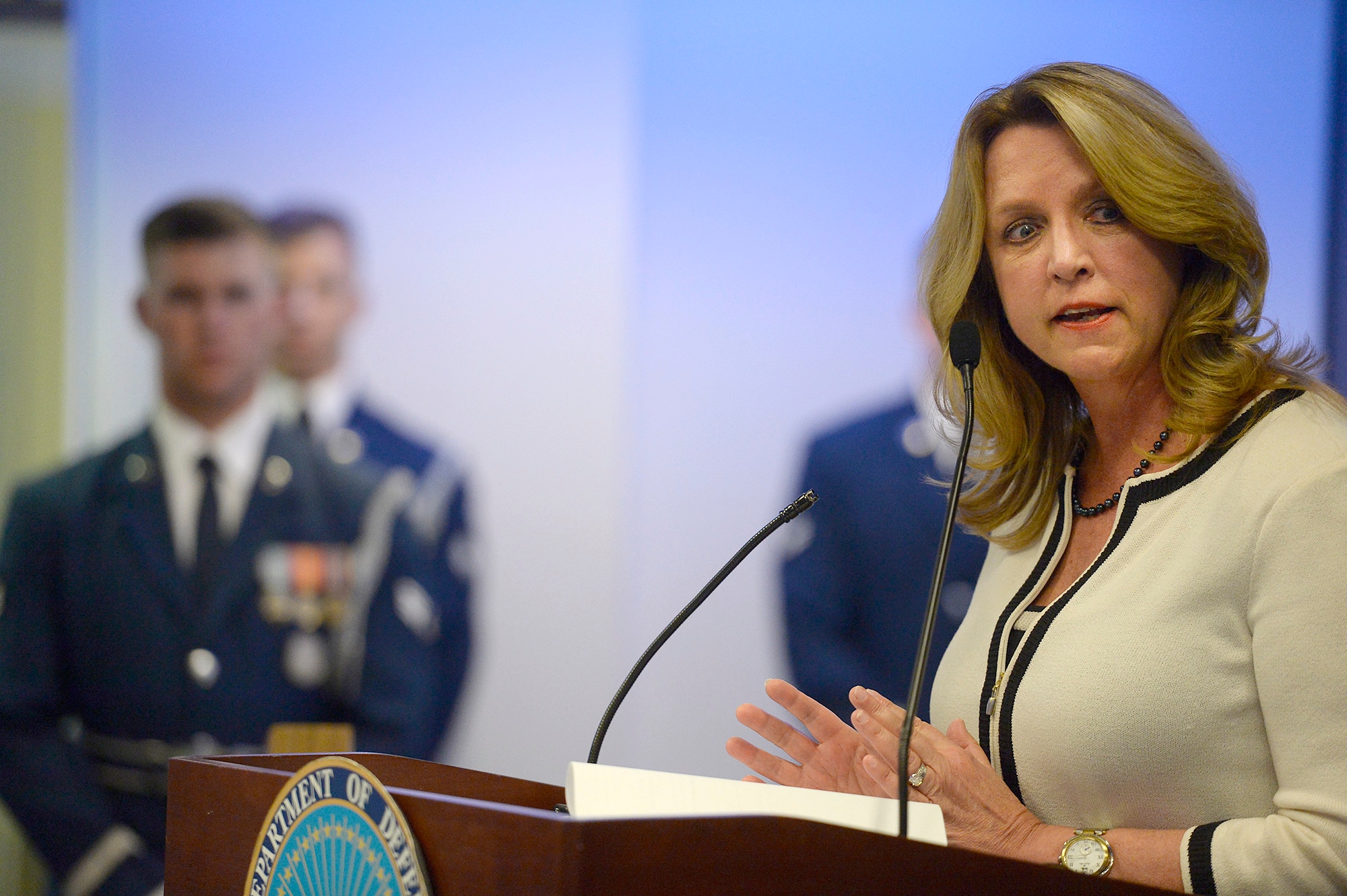 Secretary of the Air Force Deborah Lee James speaks during Anthony Duno’s retirement ceremony at the Pentagon in Washington, D.C., July 22, 2016. Duno leaves federal service after 70 years, beginning with being drafted into the Army in 1943. Duno accepted his first civil service position as an administrative and logistical officer in the Army Exchange Service in 1947.  (U.S. Air Force photo/Scott M. Ash)