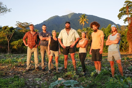 Derek Knutson, Tim Reames, Kim Liszka, Brandon Morrison, Jeremy Guarino, and Tim Olson, pose for a group photo during filming for the Discovery Channel's new survival competition series American Tarzan.