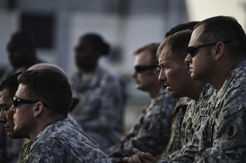 Members of Joint Task Force-Bravo listen to speeches honoring the life and service of U.S. Army Spc. Kyle Gantt during Gantt’s memorial service at Soto Cano Air Base, Honduras, July 24, 2016. More than 300 members of the Soto Cano community attended the ceremony to honor Gantt’s life and service. (U.S. Air Force photo by Staff Sgt. Siuta B. Ika)