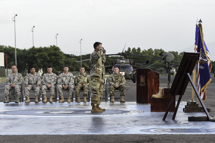 Senior leaders of the 1st Battalion, 228th Aviation Regiment render salutes during a memorial service for U.S. Army Spc. Kyle Gantt at Soto Cano Air Base, Honduras, July 24, 2016. Gantt deployed to Afghanistan in support of Operation Enduring Freedom from March-October 2014. (U.S. Air Force photo by Staff Sgt. Siuta B. Ika)