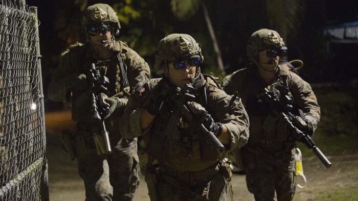 U.S. Marines with the Maritime Raid Force, 31st Marine Expeditionary Unit clear a water treatment facility at Koror, Palau, July 21, 2016. The Marines are conducting training in Palau to ensure familiarity with Palau's complex urban environment. The training events were planned out with local authorities to provide an opportunity for realistic training with minimal inconvenience to the community and environment.