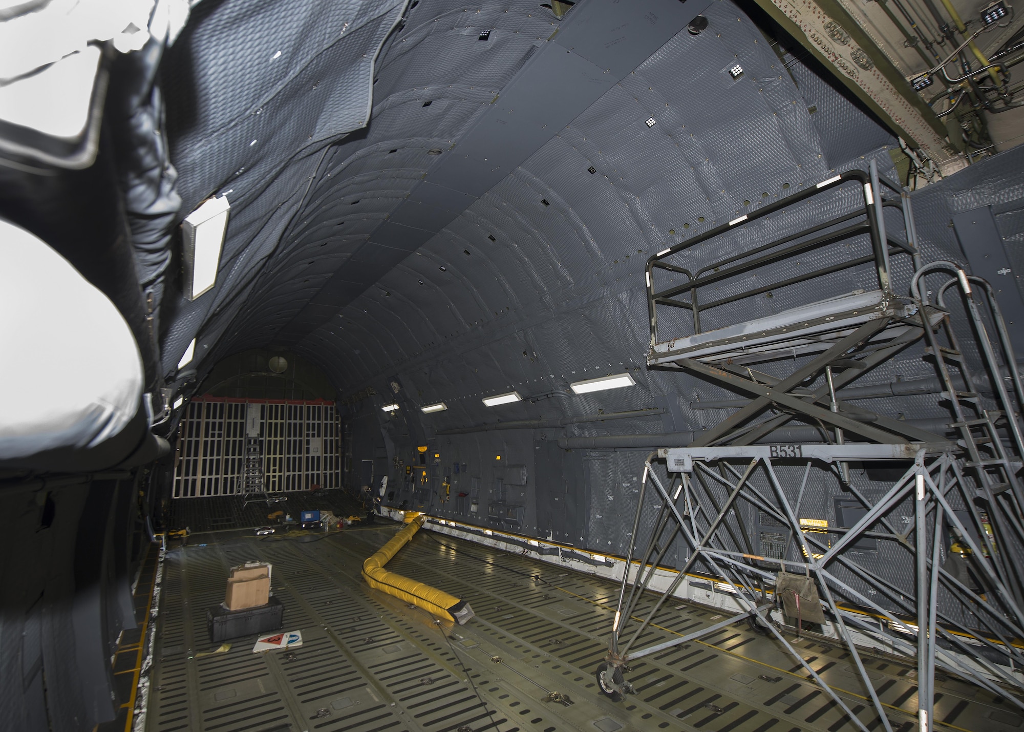 A C-5M Space Cargo Modified (SCM) Super Galaxy’s cargo compartment on the flight line July 21, 2016, at Dover Air Force Base, Del. This C-5 is one of only two that has this configuration. (U.S. Air Force photo/Senior Airman Zachary Cacicia)