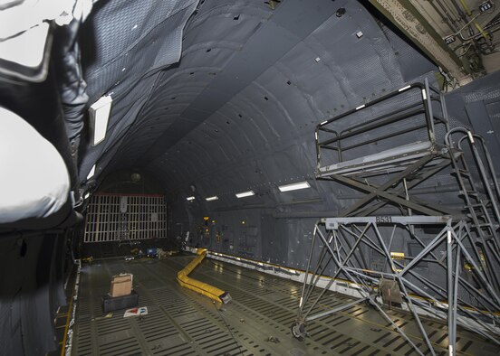 The inside of a C-5M Space Cargo Modified Super Galaxy’s cargo compartment at Dover Air Force Base, Del., July 21, 2016. This C-5 is only one of two that has the SCM configuration. (U.S. Air Force photo/Senior Airman Zachary Cacicia)