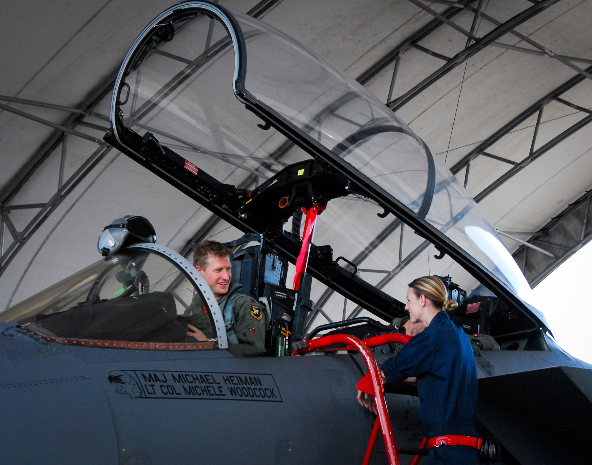 Maj. Justin Elliott, 40th Flight Test Squadron F-15 flight commander, prepares to deplane after he piloted the first F-15 equipped with the Advanced Display Core Processor II July 8 at Eglin Air Force Base, Fla. Eglin’s Operational Flight Program Combined Test Force has been managing the state-of-the-art program, developed to modernize the Air Force’s F-15 fleet through 2040. (U.S. Air Force Photo/1st Lt. Daniel Lee)