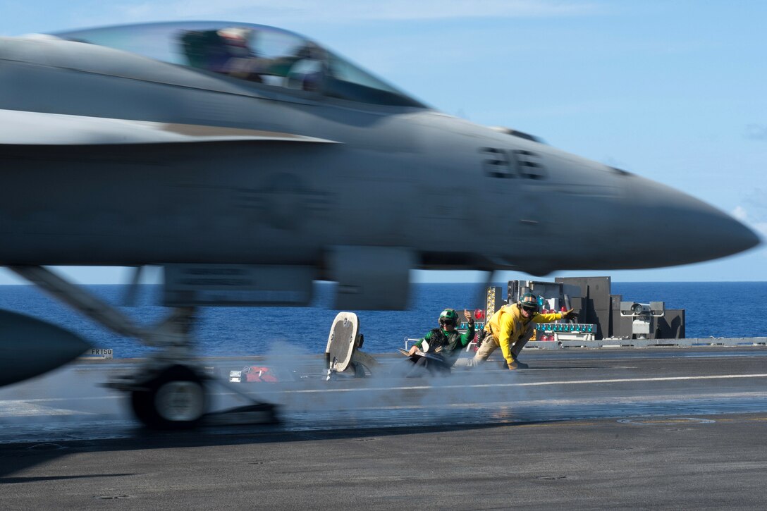 An F/A-18E Super Hornet assigned to Strike Fighter Squadron 14 launches from the USS John C. Stennis flight deck during Rim of the Pacific 2016 in the Pacific Ocean, July 20, 2016. Navy photo by Petty Officer 3rd Class Andre T. Richard 