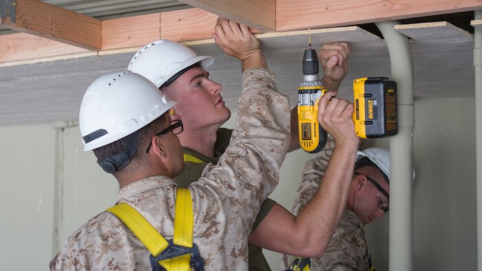 Marines with Engineer Services Company, Combat Logistics Battalion 23, Combat Logistics Regiment 4, 4th Marine Logistics Group, Marine Forces Reserve, add soffit sheathing to the roof of a building used by the U.S. Forest Service, helping to mitigate the waste produce by birds flying in and out of the roofing area during Exercise Forest Rattler in Bend, Ore., July 20, 2016. The exercise allowed Marines to work with the U.S. Forest service to complete various projects while honing their skills and giving back to the community.