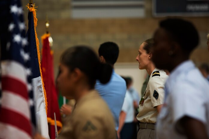 Six teams from the United States, Brazil, Canada, China, France and Germany listen to opening speeches for the 2016 Conseil International Du Sport Militaire (CISM) World Military Women’s Basketball Championship tournament July 25 at Camp Pendleton, California. The base is hosting the tournament July 25 through July 29 to promote peace activities and solidarity among athletes through sports. (U.S. Marine Corps photo by Sgt. Abbey Perria)