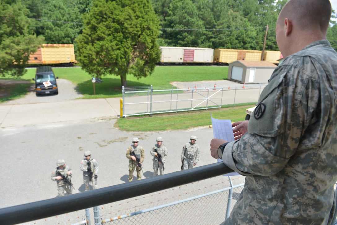 U.S. Army 690th Rapid Port Opening Element Soldiers receive range instructions before entering a firing range at Fort Eustis, Va., July 20, 2016.  Safety precautions are practiced before, during and after every firing range exercises. (U.S. Air Force photo by Staff Sgt. Natasha Stannard)