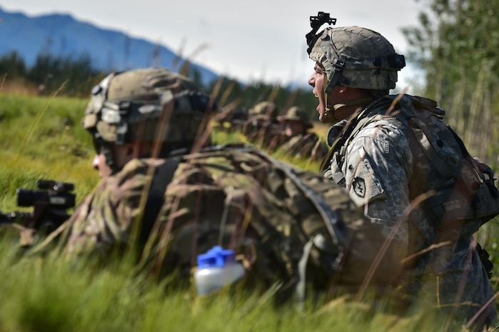 Army First Sgt. Brett Graves, a native of Cincinnati, Ohio, assigned to A Company, 1st Battalion, 24th Infantry Regiment, 1st Stryker Brigade Combat Team, 25th Infantry Division, U.S. Army Alaska, screams for his Soldiers to target an enemy sniper team during a coordinated Opposing Forces attack in Donnelly Training Area near Ft. Greely, Alaska during the Arctic Anvil exercise, Monday, July 25, 2016. Arctic Anvil is a joint, multinational exercise which includes forces from USARAK’s 1st Stryker Brigade Combat Team, 25th Infantry Division and UATF, along with forces from the 196th Infantry Brigade’s Joint Pacific Multinational Readiness Capability, the Iowa National Guard’s 133rd Infantry Regiment and the 1st Battalion, Princess Patricia’s Canadian Light Infantry. (U.S. Air Force photo/Justin Connaher)