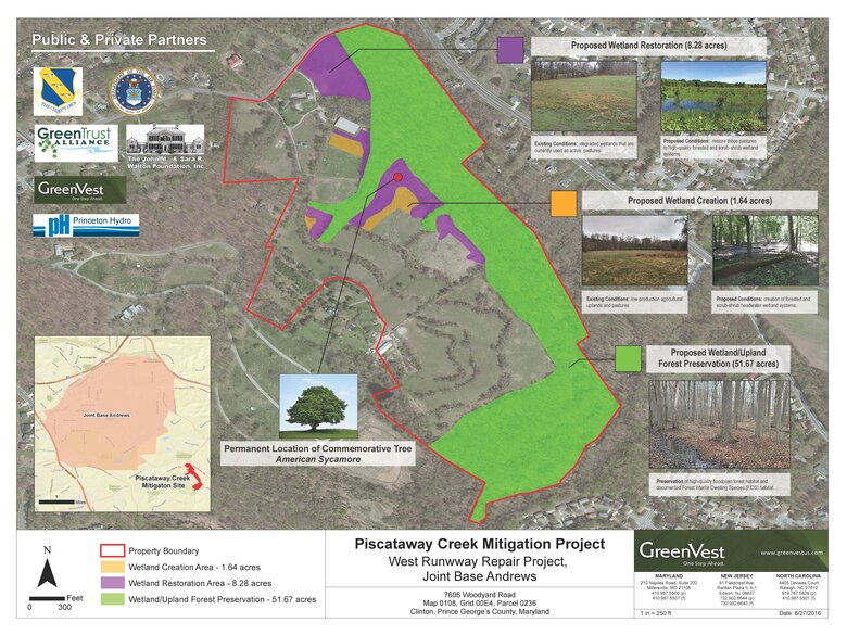 The Joint Base Andrews wetlands easement project is located within a few miles of the installation and will restore 9.2 acres of non-tidal wetlands, enhance 1.4 acres of non-tidal agricultural wetlands, restore 1.6 acres of uplands as wetland buffer, and preserve 50.7 acres of floodplain forest habitat that is of historical, cultural and environmental significance.  