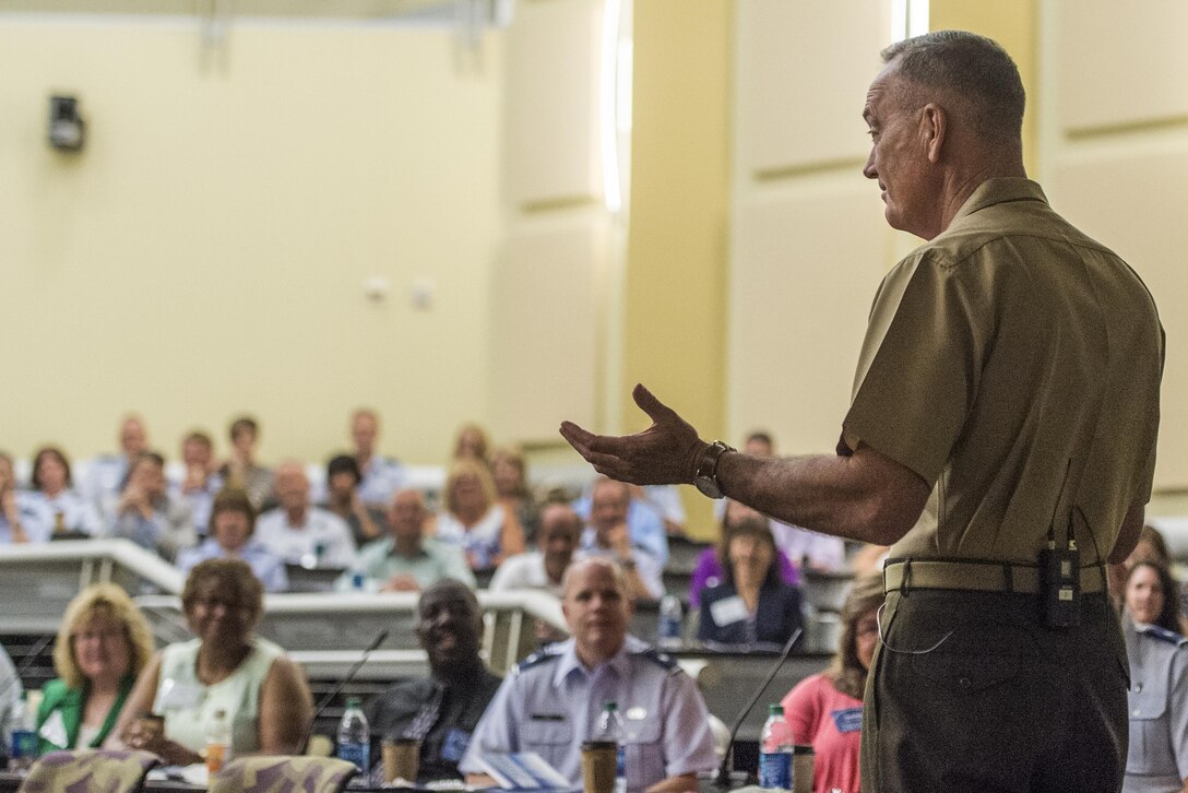 Marine Corps Gen. Joe Dunford, chairman of the Joint Chiefs of Staff, addresses participants attending the U.S. Air Force Senior Leadership Course at Joint Base Andrews, Md., July 26, 2016. DoD photo by Navy Petty Officer 2nd Class Dominique A. Pineiro