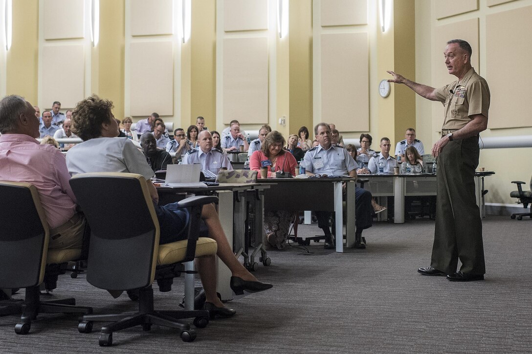 Marine Corps Gen. Joe Dunford, chairman of the Joint Chiefs of Staff, addresses participants attending the U.S. Air Force Senior Leadership Course at Joint Base Andrews, Md., July 26, 2016. DoD photo by Navy Petty Officer 2nd Class Dominique A. Pineiro
