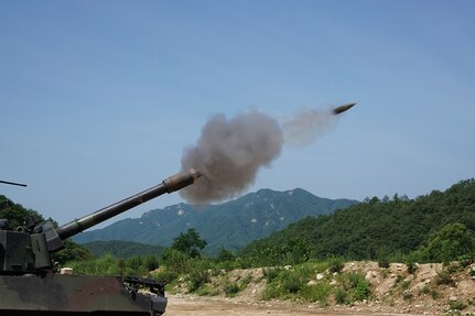 (July 20, 2016) - Soldiers from Battery B, 1st Battalion, 82nd Field Artillery Regiment, 1st Armored Brigade Combat Team, 1st Cavalry Division, fire a 155mm round from a M109A6 Paladin self-propelled howitzer at Nightmare Range.  