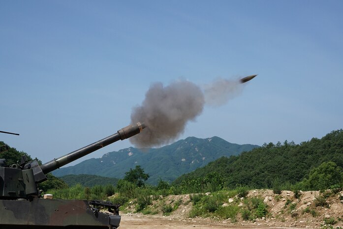 (July 20, 2016) - Soldiers from Battery B, 1st Battalion, 82nd Field Artillery Regiment, 1st Armored Brigade Combat Team, 1st Cavalry Division, fire a 155mm round from a M109A6 Paladin self-propelled howitzer at Nightmare Range.  