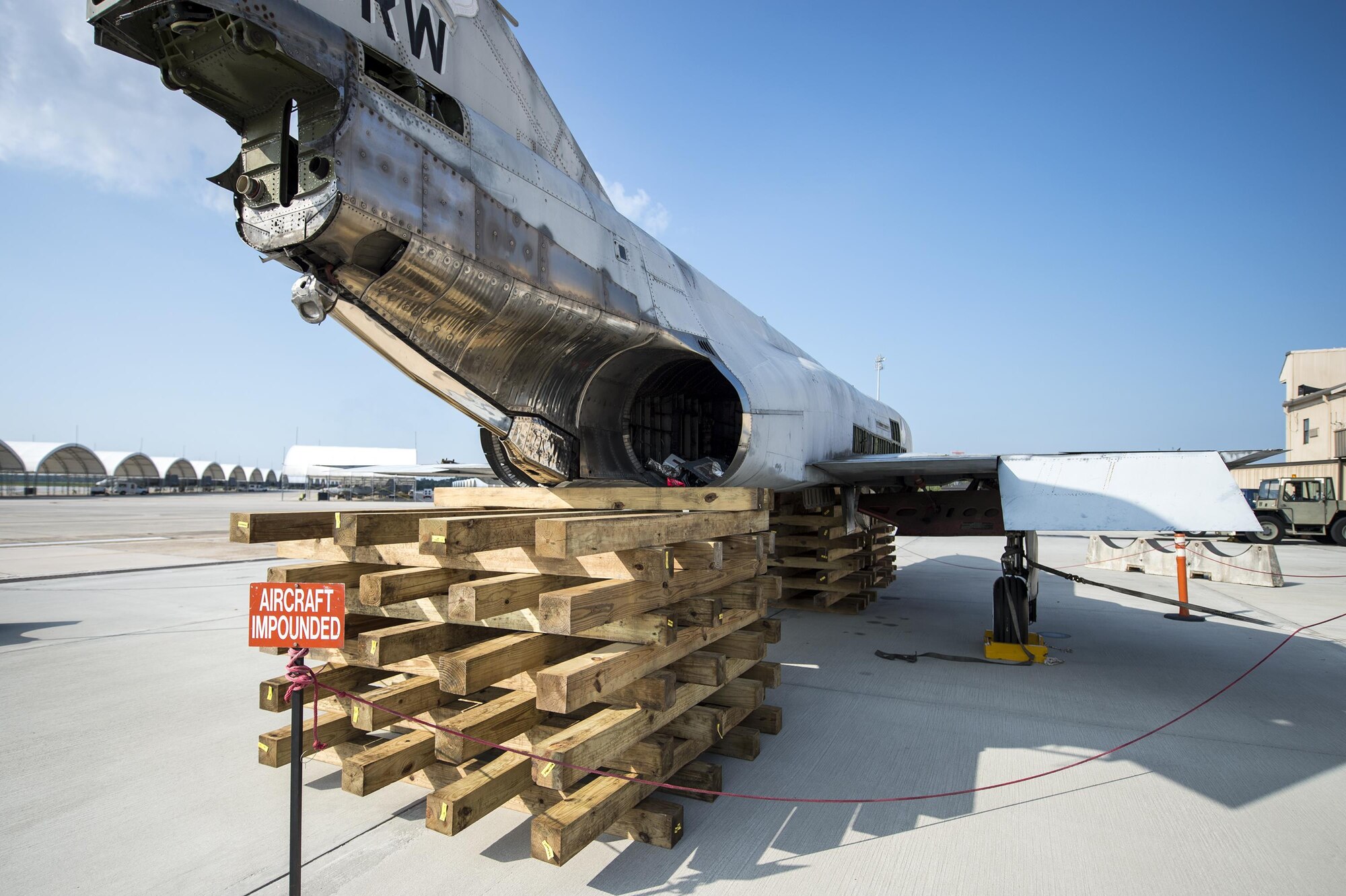 An F-4 Phantom II sits on wood pallets, July 21, 2016, at Moody Air Force Base, Ga. The F-4, which was flown in combat during the Vietnam War and Operation Desert Storm, served the air forces of 12 countries. (U.S. Air Force photo by Airman 1st Class Janiqua P. Robinson)