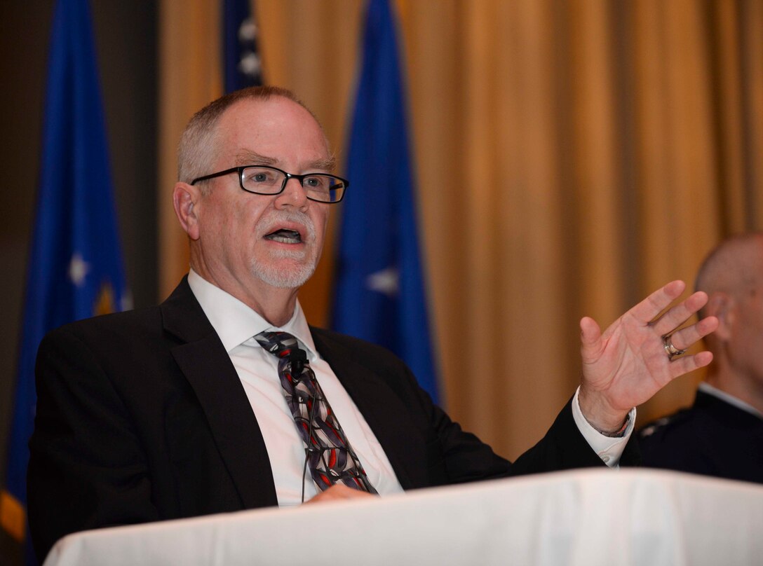 Dirk Deverill, the foreign policy adviser to Air Force Global Strike Command, spoke on nuclear deterrence and the geopolitical environment at a Striker Speaking Series symposium at Ellsworth Air Force Base, S.D., July 21, 2016. Deverill discussed the relationships the U.S. has concerning China, North and South Korea, Russia and Daesh. (U.S. Air Force photo by Airman 1st Class Sadie Colbert)