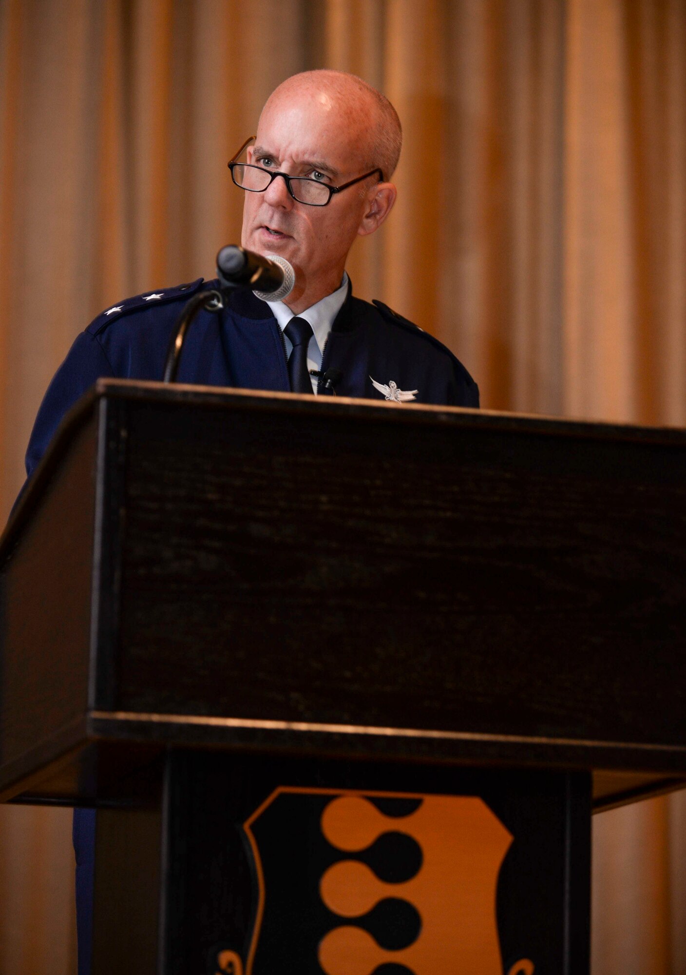 Maj. Gen. Michael Fortney, the vice commander of Air Force Global Strike Command, speaks about nuclear deterrence during a Striker Speaking Series symposium at Ellsworth Air Force Base, S.D., July 21, 2016. Fortney was one of four panel members at the event and spoke on four assertions, or myths, that many in the general public believe about nuclear arsenals and how Airmen can overcome misperception with knowledge. (U.S. Air Force photo by Airman 1st Class Sadie Colbert)