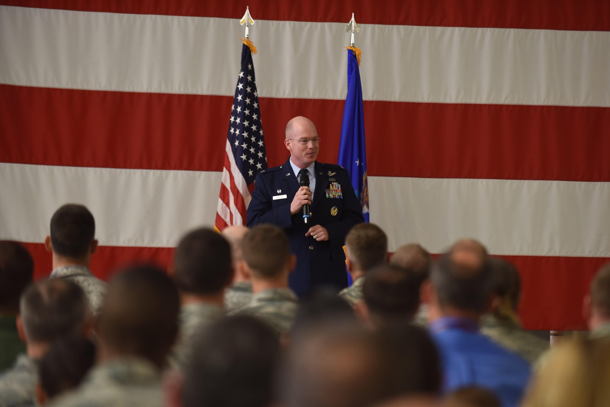 VANDENBERG AIR FORCE BASE, Calif. - Col. Troy Endicott, 21st Operations Group commander, addresses members in attendance during an assumption of command ceremony July 22, 2016, at Vandenberg Air Force Base, California. Lt. Col. Scott Putnam, 18th Space Control Squadron commander, assumed command of the 18th SPCS, the newest space surveillance unit that falls under the 21st Space Wing. (U.S. Air Force photo by Airman 1st Class Robert J. Volio)