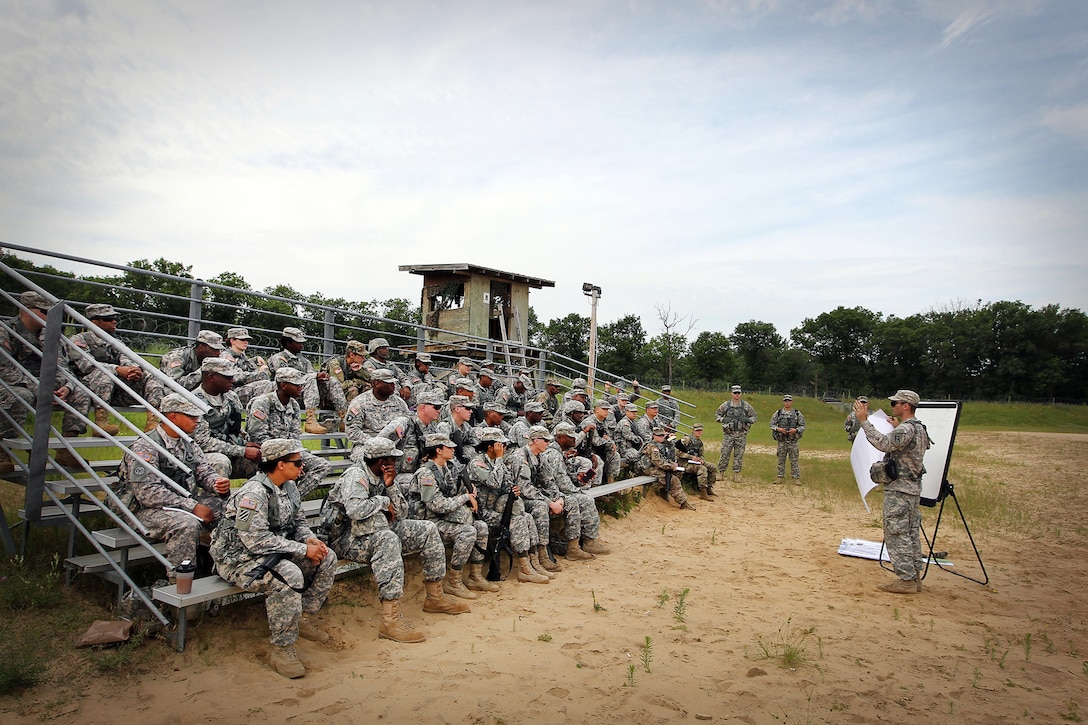 Capt. Devon Stanforth, right, observer-coach/trainer assigned to the 1st Battalion, 383rd Regiment, 181st Infantry Brigade, conducts a class on troop leading procedures to soldiers assigned to the 314th Chemical Company, Decatur, Georgia, at forward operating (training) base Liberty, Fort McCoy, Wisconsin, July 11, 2016.
(U.S. Army photo by Mr. Anthony L. Taylor/Released)