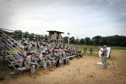 Capt. Devon Stanforth, right, observer-coach/trainer assigned to the 1st Battalion, 383rd Regiment, 181st Infantry Brigade, conducts a class on troop leading procedures to soldiers assigned to the 314th Chemical Company, Decatur, Georgia, at forward operating (training) base Liberty, Fort McCoy, Wisconsin, July 11, 2016.
(U.S. Army photo by Mr. Anthony L. Taylor/Released)