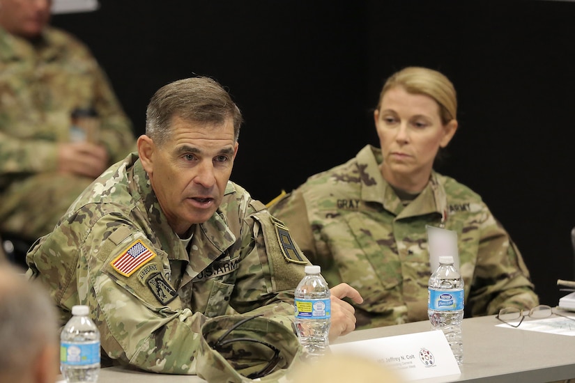 Maj. Gen. Jeffrey Colt, Commanding General, First Army Division West, gives remarks during a morning briefing with all exercise participants, July 12, 2016, at Warrior Exercise 86-16-03, Fort McCoy, Wisconsin.
(U.S. Army photo by Mr. Anthony L. Taylor/Released)