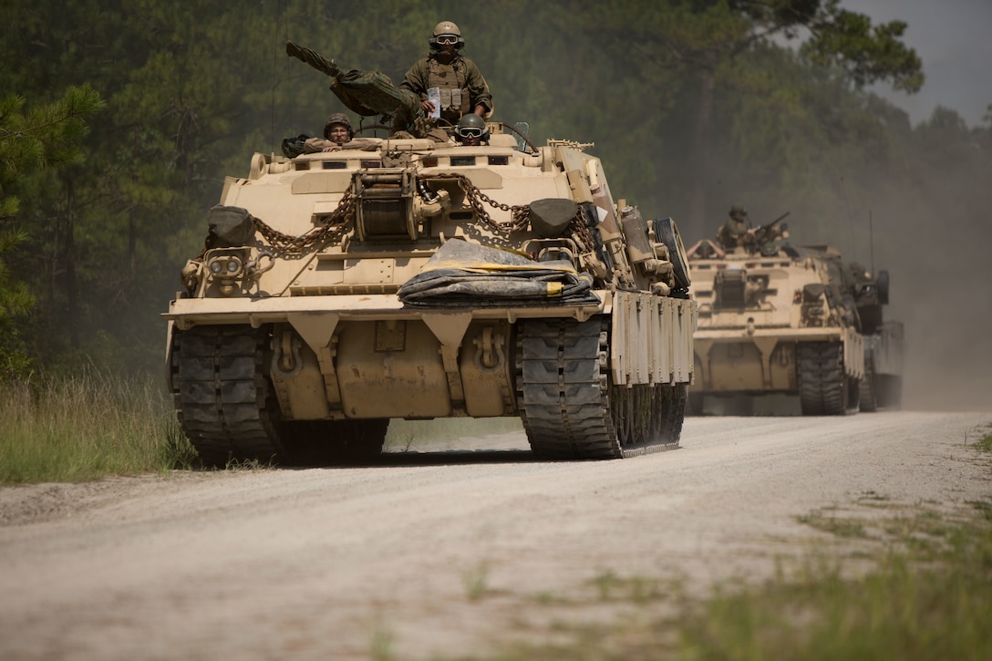 Marines with Fox Company, 4th Tank Battalion, drive to a landing zone to participate in an offensive and defensive exercise at Camp Lejeune, N.C., July 19, 2016. The M88A2 Hercules has the ability to tow tanks that weight up to 70 tons, making it the first choice to recover tanks from the battlefield. (U.S. Marine Corps photo by Pfc. Juan Soto-Delgado)
