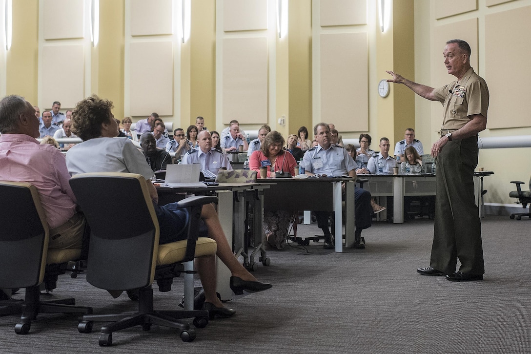 Marine Corps Gen. Joe Dunford, chairman of the Joint Chiefs of Staff, addresses participants attending the U.S. Air Force Senior Leadership Course at Joint Base Andrews, Md., July 26, 2016. DoD photo by Navy Petty Officer 2nd Class Dominique A. Pineiro
