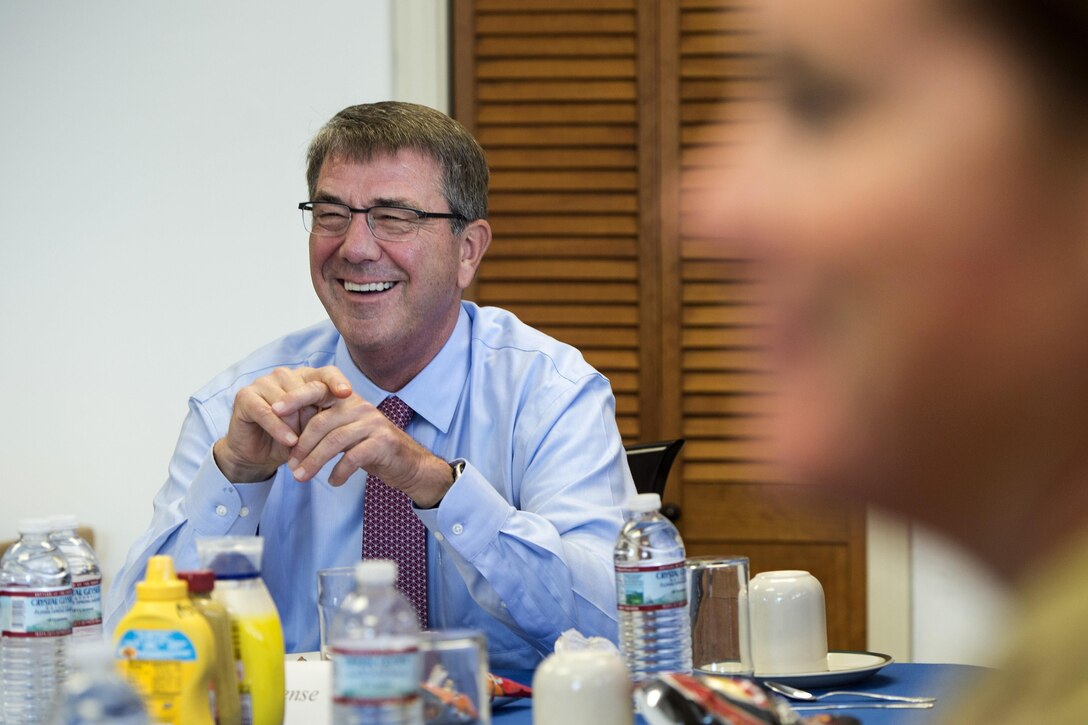 Defense Secretary Ash Carter  discusses recruiting challenges with military recruiters during a visit to Boston, July 26, 2016. DoD photo by Air Force Tech. Sgt. Brigitte N. Brantley