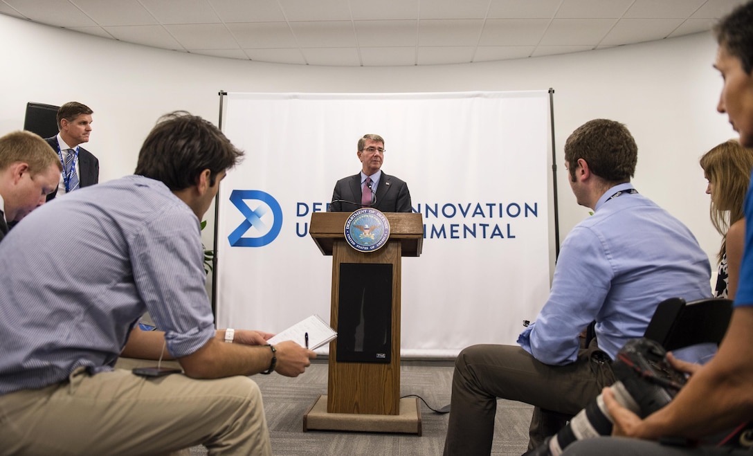 Defense Secretary Ash Carter holds a news conference at the new Defense Innovation Unit Experimental, or DIUx, office in Boston, July 26, 2016. DoD photo by Air Force Tech. Sgt. Brigitte N. Brantley