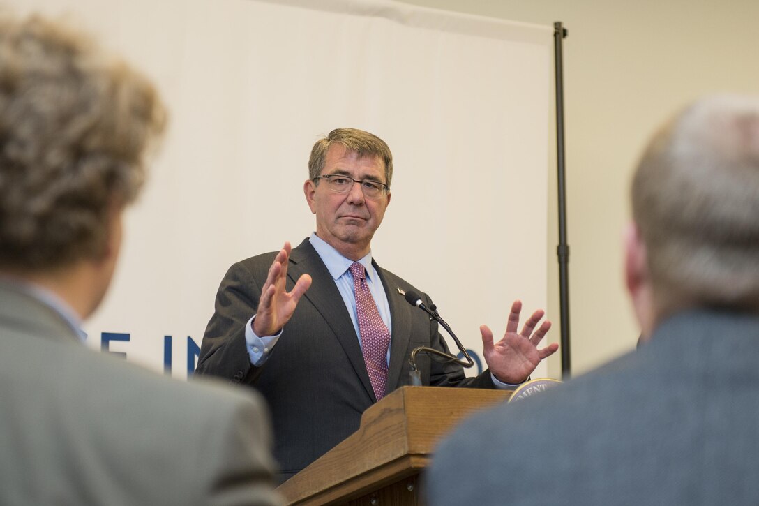 Defense Secretary Ash Carter conducts a news conference at the new Defense Innovation Unit Experimental, or DIUx, office in Boston,  July 26, 2016. DoD photo by Air Force Tech. Sgt. Brigitte N. Brantley