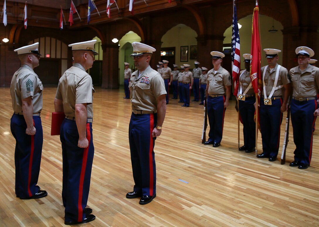 U.S. Marine Corps Maj. Christopher Kaprielian is recognized for his service as the commanding officer of Recruiting Station Buffalo at the New York State Armory in Buffalo, N.Y., July 26, 2016. RS Buffalo was closed after more than 30 years of successfully finding and preparing young men and women to become Marines. (U.S. Marine Corps photo by Sgt. Elizabeth Thurston)