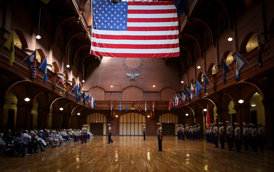 U.S. Marines from Recruiting Station Buffalo render honors to Maj. Gen. Paul Kennedy, the commanding general of Marine Corps Recruiting Command, during the deactivation ceremony of RS Buffalo at the New York State Armory in Buffalo, N.Y., July 26, 2016. RS Buffalo was closed after more than 30 years of successfully finding and preparing young men and women to become Marines. (U.S. Marine Corps photo by Sgt. Elizabeth Thurston)