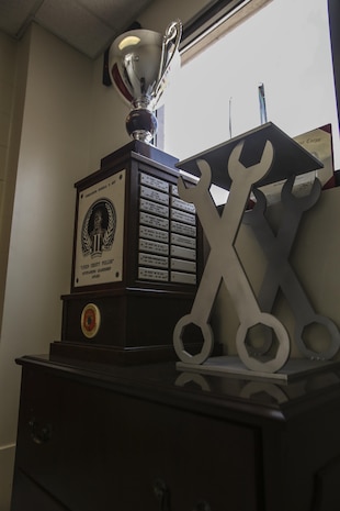 As a way to make sure their recent achievements were recognized, Marines from 2nd Maintenance Battalion made their own pedestal for showcasing their award at Camp Lejeune, N.C., July 21, 2016. 2nd Maint. Bn. recently received the Chesty Puller Award, the Ground Safety Award and the Department of Defense Maintenance Award for the Marines excelling at their jobs individually and collectively. (U.S. Marine Corps photo by Lance Cpl. Miranda Faughn/Released)