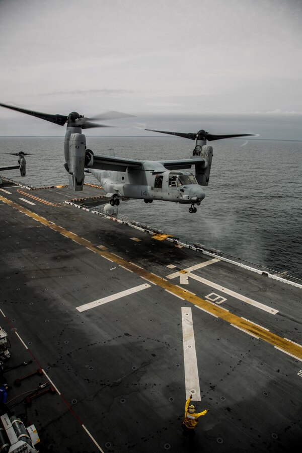 U.S. Marines and Sailors with Battalion Landing Team, 1st Battalion, 6th Marine Regiment (BLT 1/6), 22nd Marine Expeditionary Unit (MEU), simulate launching a heavy package aviation raid with Marine Medium Tiltrotor Squadron 264 (Reinforced), 22nd MEU, from the USS Wasp on Mar. 19, 2016. The 22nd MEU and Amphibious Squadron Six (PHIBRON-6) are underway for PHIBRON/MEU Integration Training. 
