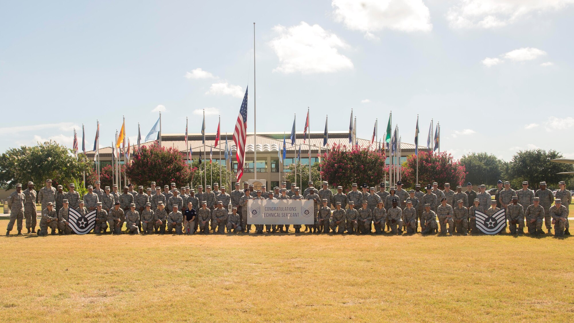 Technical sergeant selectees from Joint Base San Antonio gathered at JBSA-Lackland and JBSA-Randolph for a group photo July 21. There were 319 staff sergeants across JBSA selected out of 33,569 in the Air Force who were eligible, with a total of 7,501 selected for promotion for a selection rate of 22.35 percent. 
