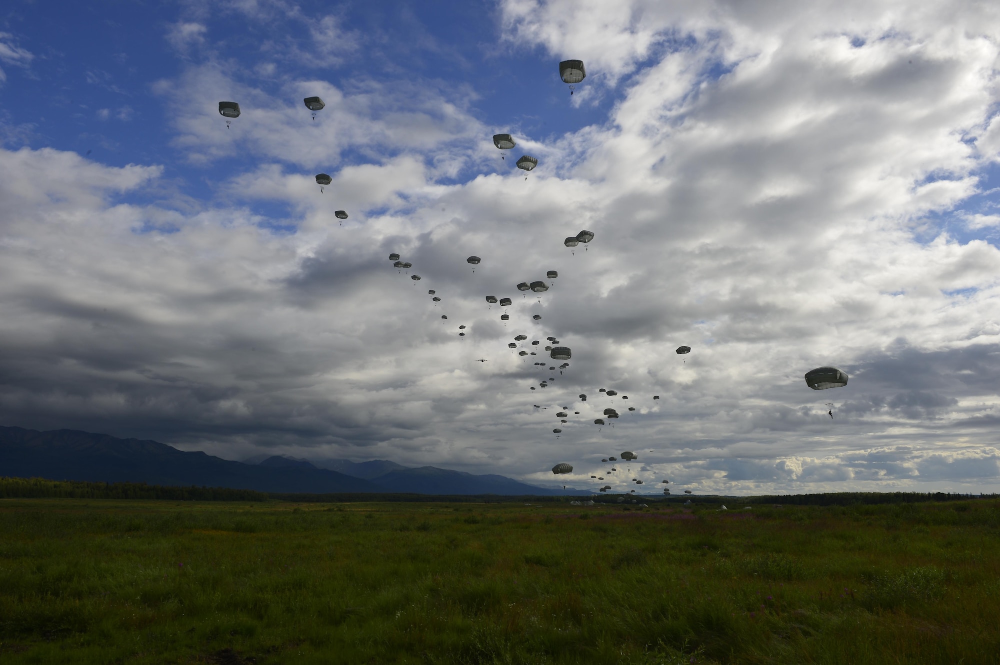 U.S. Army personnel from the 501st Airborne Infantry Regiment assigned to Fort Richardson land in the drop zone July 22, 2016, at Joint Base Elmendorf-Richardson, Alaska. The 41st Airlift Squadron conducted mountainous terrain training in Alaska and supported Exercise Artic Anvil. (U.S. Air Force photo by Senior Airman Kaylee Clark)