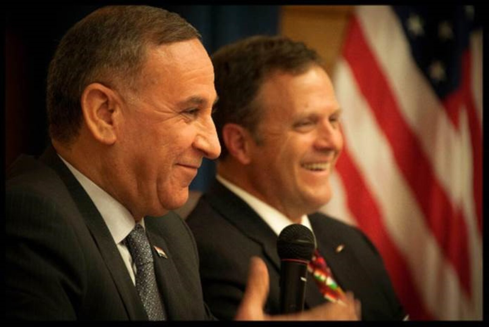 Iraq Minister of Defense Dr. Khaled al-Obeidi (l) and CISA Chancellor Dr. Mike Bell (r), address senior officers and NCOs attending the July 2016 Reserve Component National Security Course at NDU.