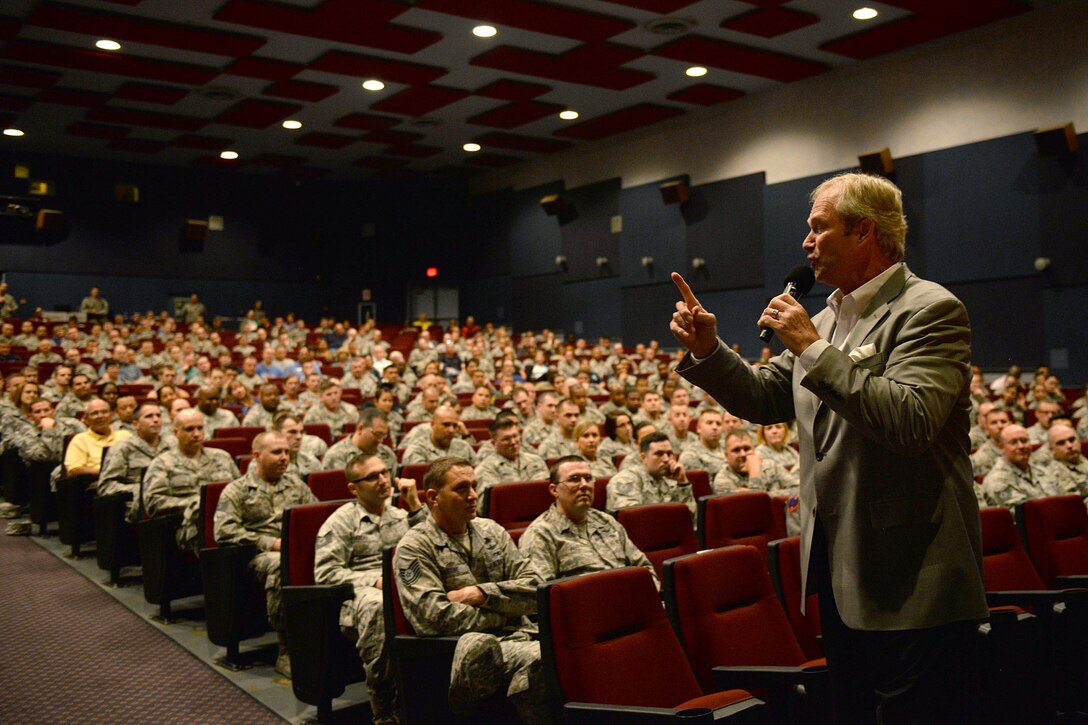 Dan Clark, a well renowned author, songwriter and motivational speaker, visits Sheppard Air Force Base, Texas, July 22, 2016, to share his leadership experience with the base and local community. Clark conducted two free one-hour leadership seminars at the base theater and one at the Sheppard Club for all military, civilians, spouses and trainees. (U.S. Air Force photo by Senior Airman Kyle E. Gese/Released)