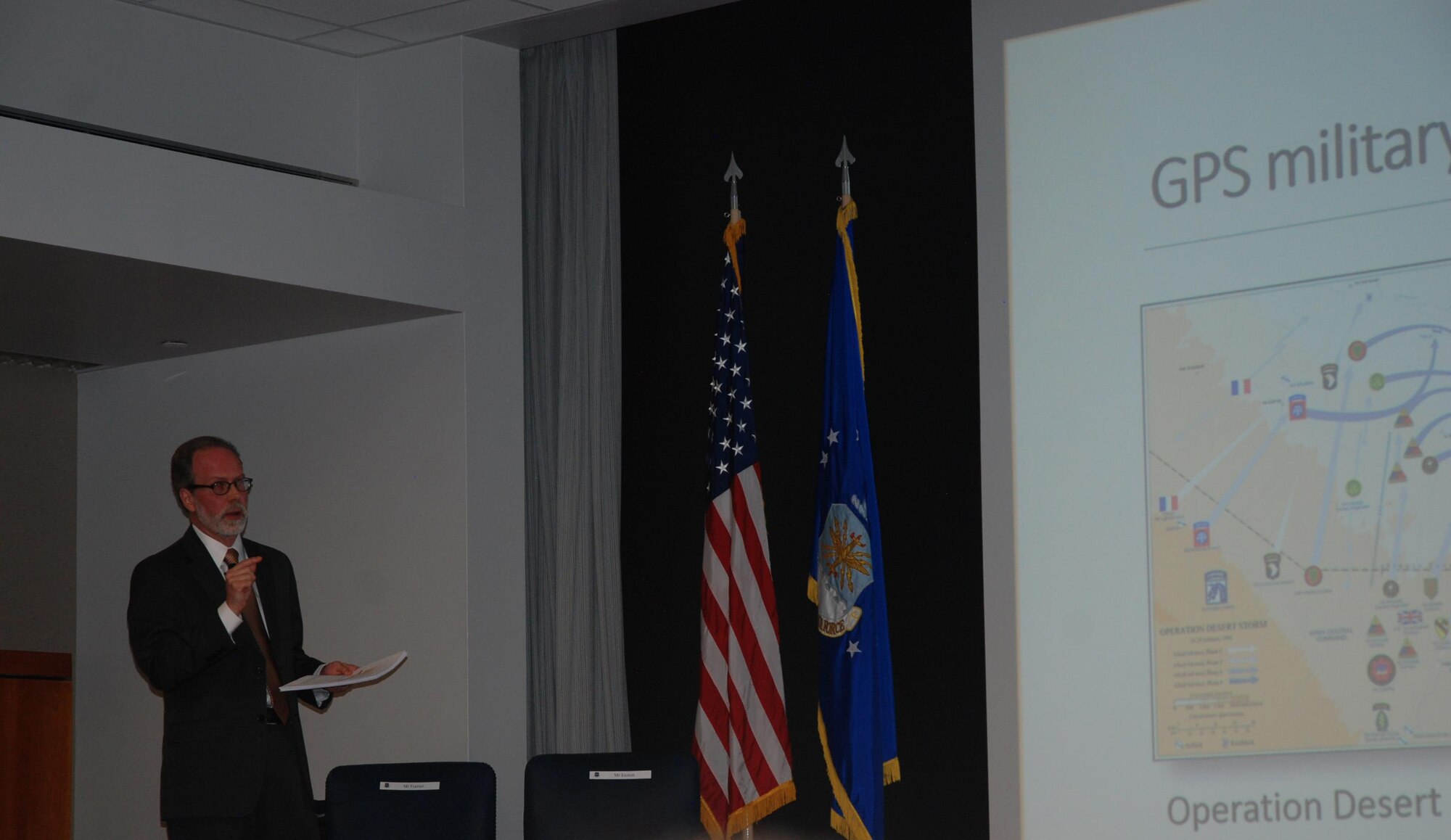 PETERSON AIR FORCE BASE, Colo. – Eric Frazier, co-author of “GPS Declassified: From Smart Bombs to Smartphones,” made a presentation July 21, 2016 at Air Force Space Command Headquarters at Peterson Air Force Base, Colo., with co-author Richard Easton as part of the National Security Space Institution’s speaker series. The program brings writers of books on the organization’s space-centric reading list to Peterson to interact with students and personnel. (U.S. Air Force photo by Dave Smith)