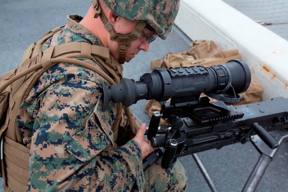 U.S. Marines with Low-Altitude Air Defense Detachment, Marine Medium Tiltrotor Squadron 264 (Reinforced), 22nd Marine Expeditionary Unit (MEU), participate in a small-caliber arms team drill aboard the USS San Antonio (LPD-17) April 8, 2016. The 22nd MEU and Amphibious Squadron Six (PHIBRON-6) are underway for Amphibious Ready Group/MEU exercises. 