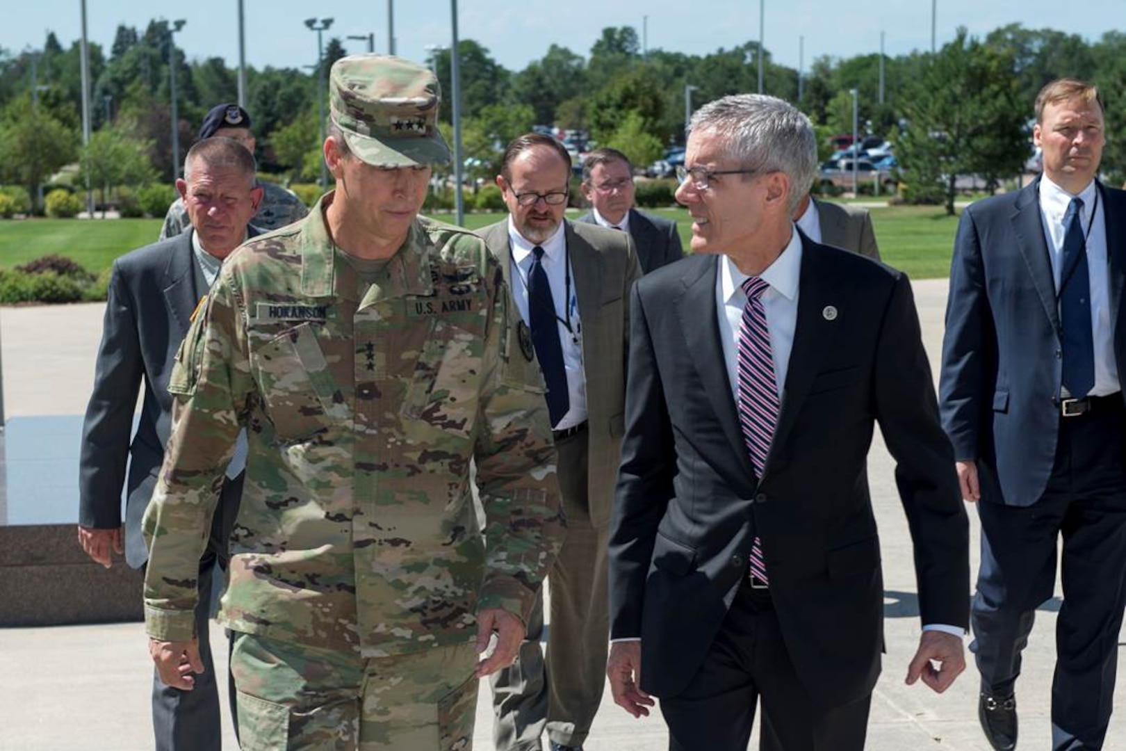 Lt. Gen. Daniel Hokanson, Deputy Commander of U.S. Northern Command, and Mr. Peter Neffenger, Administrator for the Transportation Security Administration, talk just before entering headquarters of North American Aerospace Defense Command and USNORTHCOM.  Neffenger was at the command talking with senior NORAD and USNORTHCOM officials on the importance of current information sharing between TSA and the two commands and to share Neffenger’s vision for mitigating current and future threats to transportation both in the homeland and abroad.  