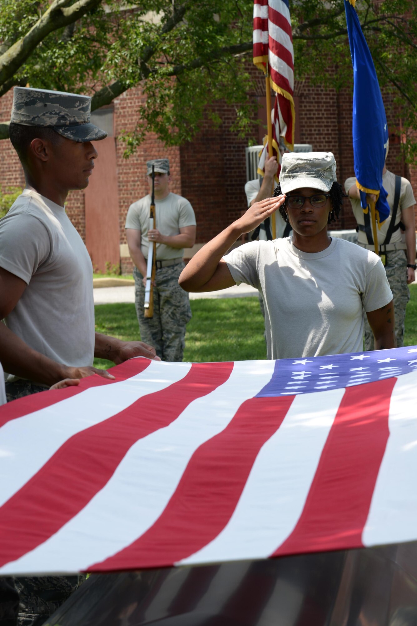 Members of the Langley Honor Guard practice a full service funeral with members of the U.S. Air Force Honor Guard at Langley Air Force Base, Va., July 26, 2016. Ceremonial guardsman on the USAFHG mobile training teams assist train base-level honor guardsmen on the proper techniques and procedures for rendering full military honors. (U.S. Air Force photo by Staff Sgt. Teresa J. Cleveland)